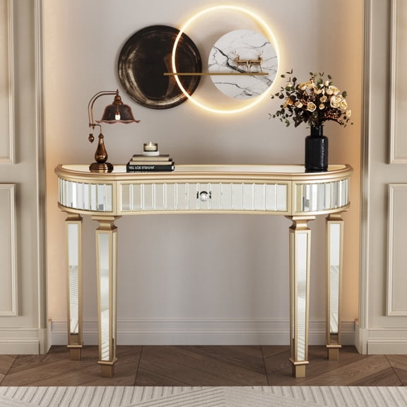 Atumcto 47" Fluted Mirrored Console Table with Drawer, Gold Finish Narrow Accent Sofa Table for Entryway, Living Room