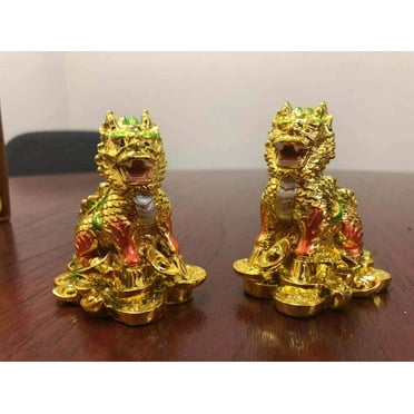 Feng Shui Pair of Gold Elegant Chi Lin Dragon Horse on Gold Coins麒麟 Wealth Lucky Statue Figurine Home Decor Housewarming Congratulatory Gift W/ Chinese Royal Yellow Gift Box