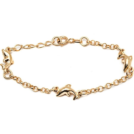 Pori Jewelers 18kt Gold-Plated Sterling Silver Dolphin Kids' Bracelet, 6" Rolo Chain