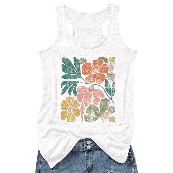 Wang6 Women Plus Size Loose Fit Tank Tops Causal Floral Printed Sleeveless Summer Tops Crew Neck Racerback Workout Shirts Graphic Tees White XL