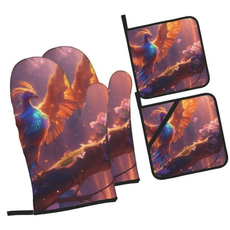 

Sikiie Fantasy Bird Illustration Oven Mitts and Pot Holders Silicone Oven Gloves Heat Resistant Oven Mitts 4Pcs Set