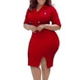 thumbnail image 2 of Jusqu'à 65 % de Réduction! Robes de Mode d'Été pour Femmes 2024 Grande Taille Polyvalente Manches Courtes Rétractation de la Taille Costume Fendu Solide Col Enveloppé Robe Fendue à la Hanche avec Ceinture, 2 of 4