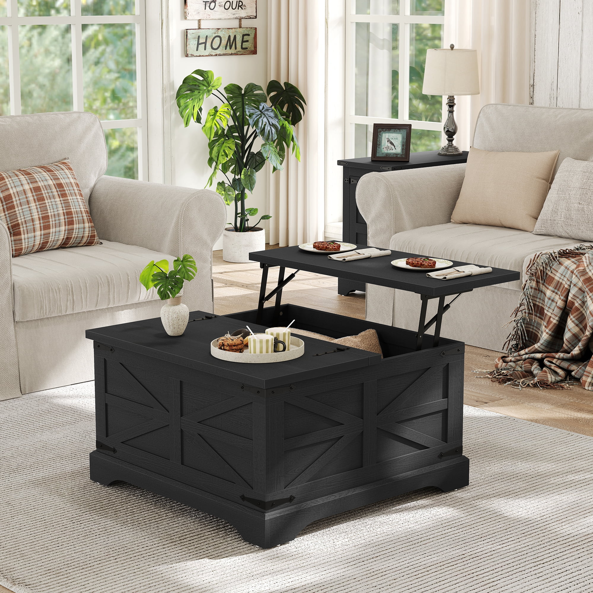 Furnihold Farmhouse Lift Top Coffee Table Black Square Coffee Table with Storage Rustic Wood Center Table for Living Room Home, Black