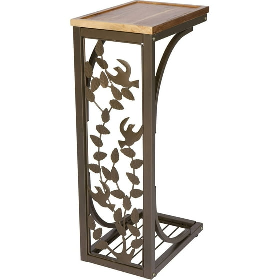 2’ Side Sofa Snack Table with Acacia Wood Top and Bird Motif by