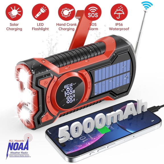 [Emergency Radio-Bluetooth&Solar&Waterproof] Hand Crank Charger Radios Flashlight with SOS Alarm, Portable NOAA FM/AM Radio for Home, Camping & Outdoor