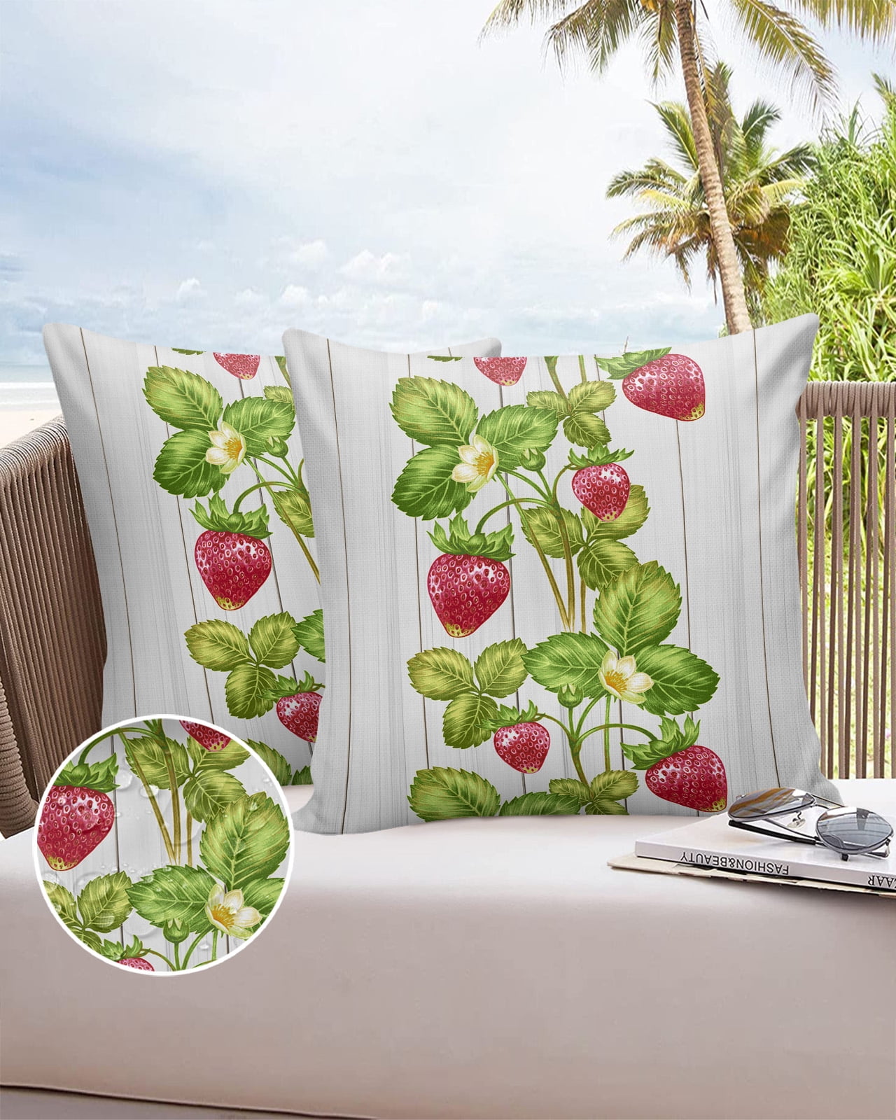 Pack of 2 Outdoor Pillow Covers, Spring Strawberry Plants Retro Illustration Wood Grain Waterproof Square Throw Pillowcase Cushion Decorative Pillow Covers for Couch Patio Tent, 18x18 in