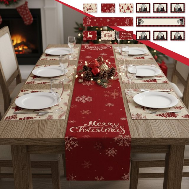 Ensemble de Nappe de Noël 7 Pcs avec Flocons de Neige Rouges et Blancs, Napperons et Chemin de Table pour Décoration de Salle à Manger