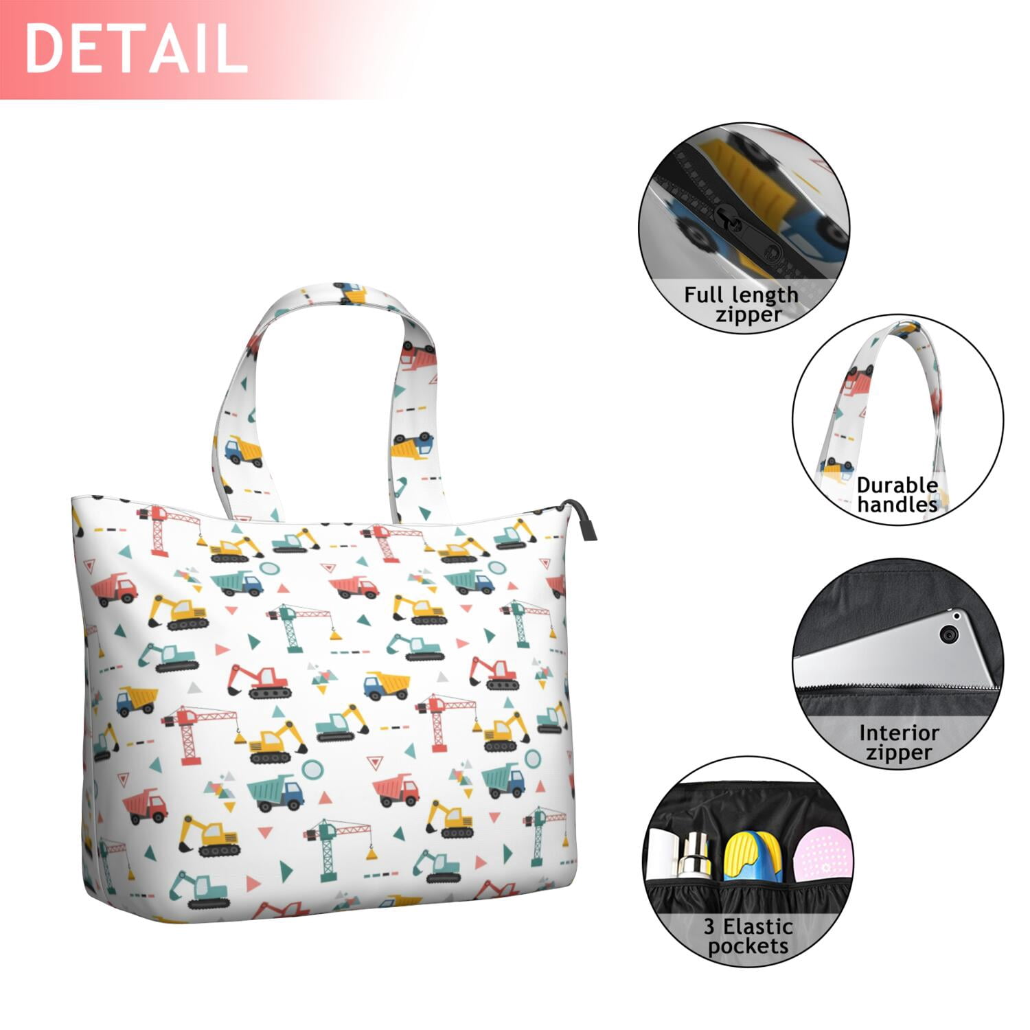 Cartoon Construction Vehicles Geometric Shapes Travel Tote Bags for Women Carry On,Large Weekender Bags for Women Travel,Multi Functional Duffle Bag for Work,Shopping,Sports