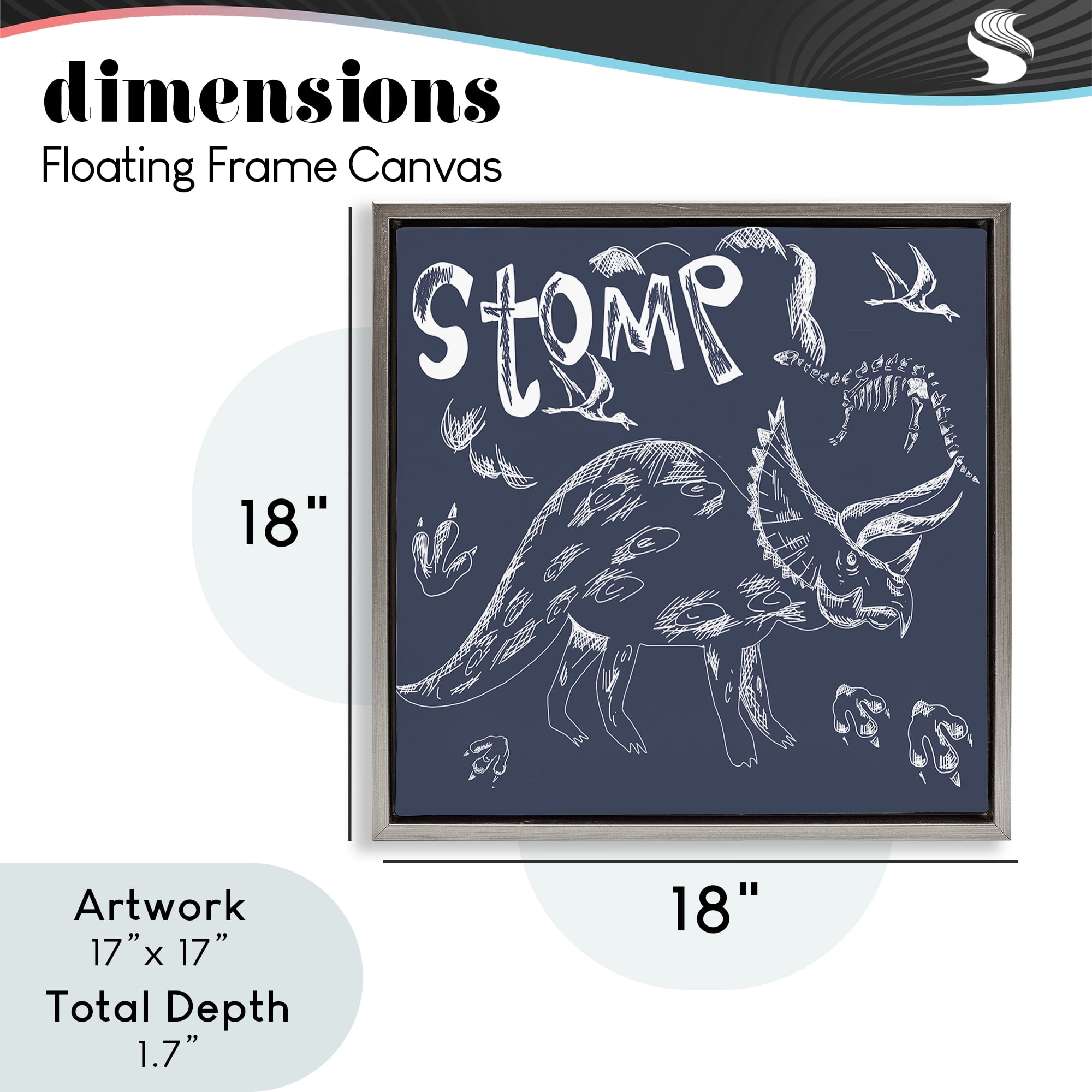 Sketchy Stomp Dinosaur Gray Framed Floater Canvas Wall Art, design by HUE and MI and Sangita