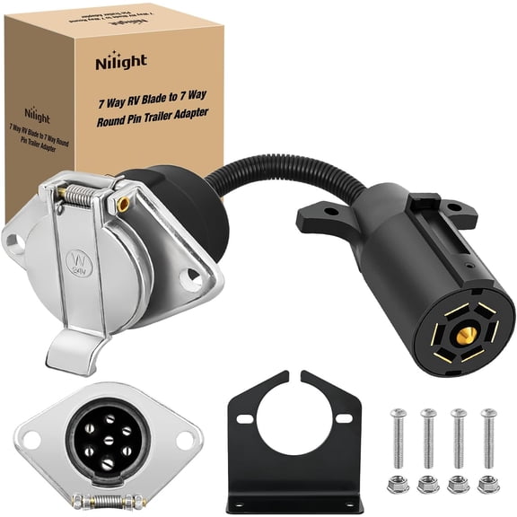 Nilight Vehicle-Side 7-Pin Round Trailer Wiring Harness Socket 7 Way Female-End Adapter Replacement SAE J560 Die-Cast Zinc Housing 7 Pole Round Electrical Connector for Semi Truck Trailer Car