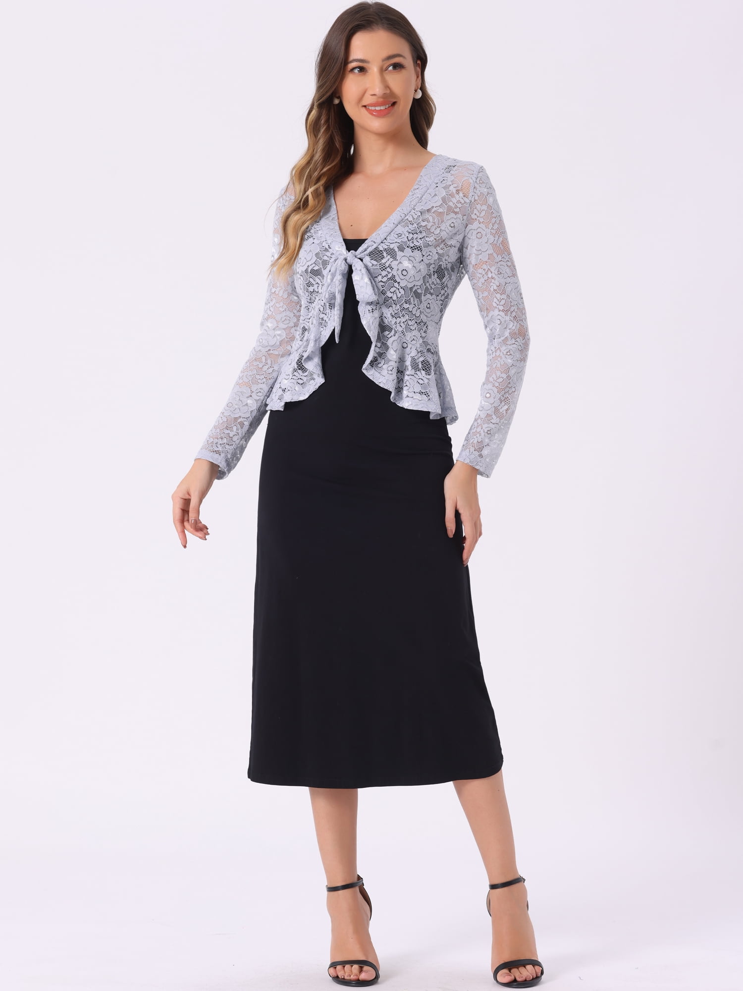 DARING DIVA Women's Ruffled Hem Floral Lace Crop Shrug Cardigan S Dusty Grey