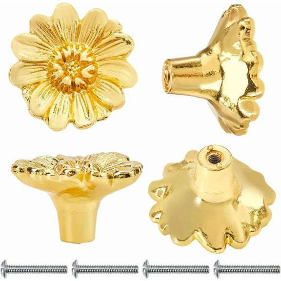 4 Set Vintage Gold Flower Drawer Knob Zinc Alloy Drawer Handles with Screw Drawer Pulls Replacement Accessories for Dresser Closet Cupboard Cabinet Door Knobs Kitchen Supplies 1.3x0.8in