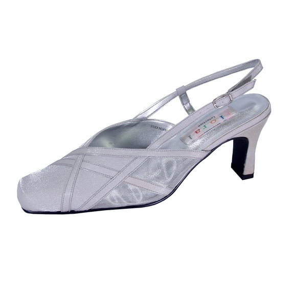 FLORAL Joy Women's Wide Width Pointed Toe Mesh/Satin Upper Slingback Dress Shoes for Dinner, Prom or Work SILVER 8.5