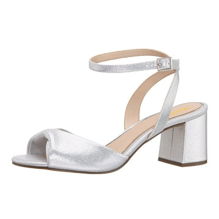 XYD Women Block Mid Heels Sandals Almond Open Toe Adjustable Buckle Ankle Strap Pumps Classic Wedding Shoes Size 6 Silver