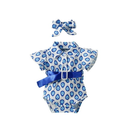 

WPNAKS Summer Baby Girl Jumpsuit Set Floral/ Water Drop/ Houndstooth Print Casual Fly-sleeve Rompers with Belt and Headband