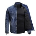thumbnail image 4 of Lilgiuy Men’s Fleece Denim Jacket Casual Solid Color Long Sleeve Zipper Stretch Washed Denim Jacket Blue, 4 of 5
