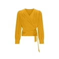 thumbnail image 4 of RYRJJ Women's Deep V Neck Chiffon Shirts Tie Front Knot Puff Long Sleeve Wrap Crop Top Blouse(Yellow,S), 4 of 8