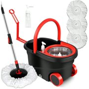 Spin Mop And Bucket,Spin Mop And Bucket With Wringer Set For Home,Stainless Steel 360 Floor Mop Bucket On Wheels,3 Microfiber Mop Replacement Heads And Adjustable Handle (Black)