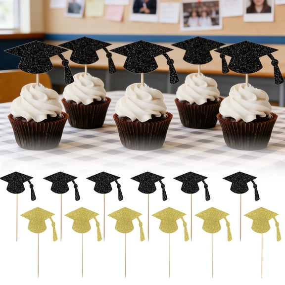 Grad Cupcake Topper Glitter Gold Black Graduation Cap Cupcake Topper Picks 20/30/50 Pack for 2026 Graduation Party Cake Dessert Decoration Supplies Grad Cake Decor B - One Size