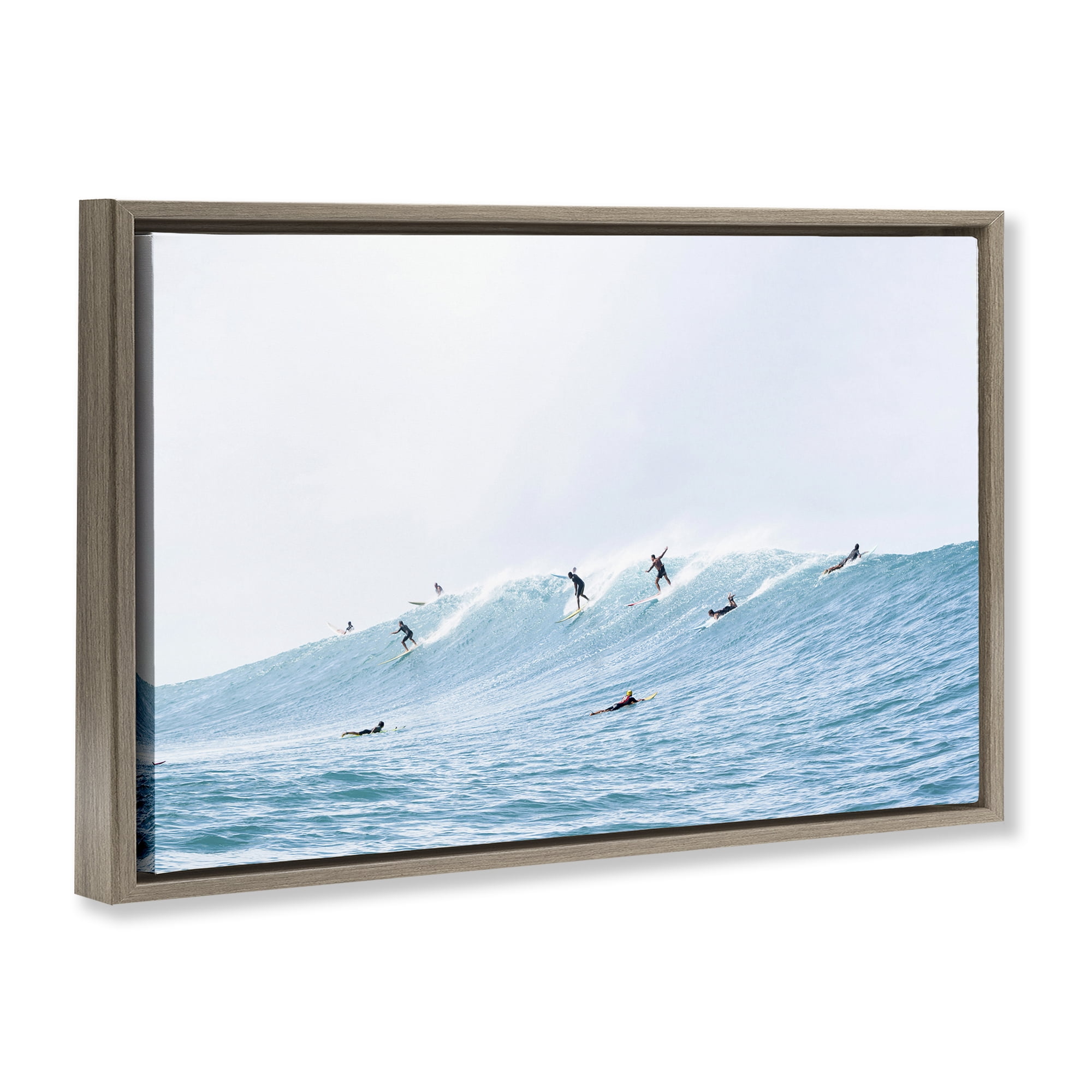 Stupell Industries Blue Wave Surfers Nautical & Beach Photography Brown Floater Framed Canvas Art Print Wall Art, 25 x 17