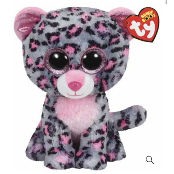 TY Beanie Boos - TASHA the Grey and Pink Leopard (Glittery Eyes 6" Plush)(BONUS 1 FUN CHOPS & 1 ZIPPER BRACELET)