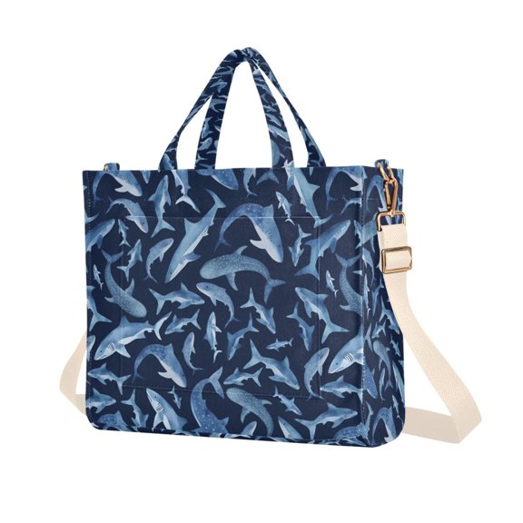 FORMRS Womens Corduroy Tote Bag Crossbody Shoulder Purse Handbag with Detachable Strap, Watercolor Shark Pattern