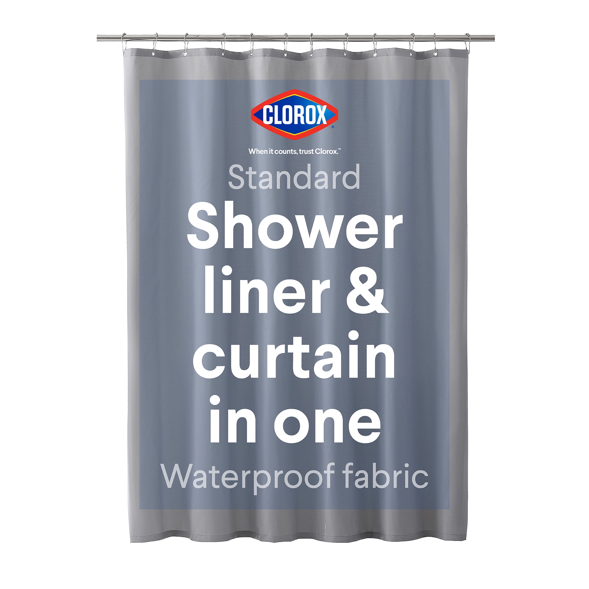 Clorox Waterproof Fabric Shower Curtain, Durable Fabric, Weighted Magnets - Gray, 72" x 72"