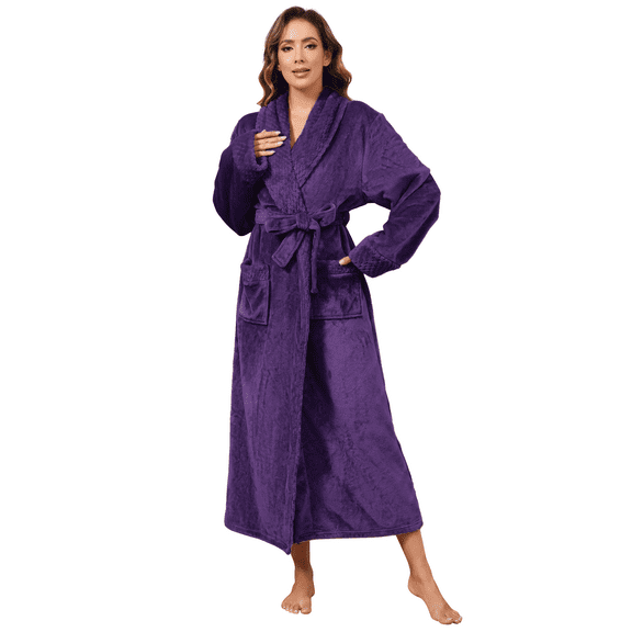 Robes for Women, LOFIR Long Womens Robes, Soft Fluffy Fleece Bath Robe with Front Pocket, Winter Warm Plush Lapel Women's Robes, Adjustable Belt, Purple, L/XL