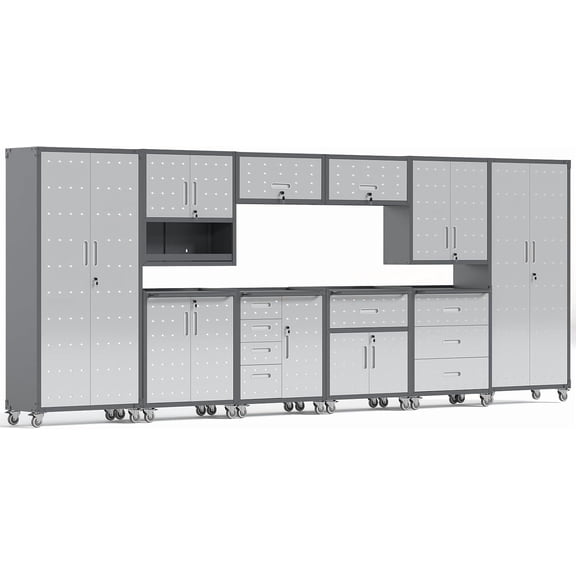 IKIMI 10-Piece Garage Storage Cabinet Set, Garage Storage Cabinets System Workshop Set with Drawers, 2 * Tall Tool Cabinets 4 * Wall Garage Cabinets 4 * Tool Cabinet with Wheels- Gray