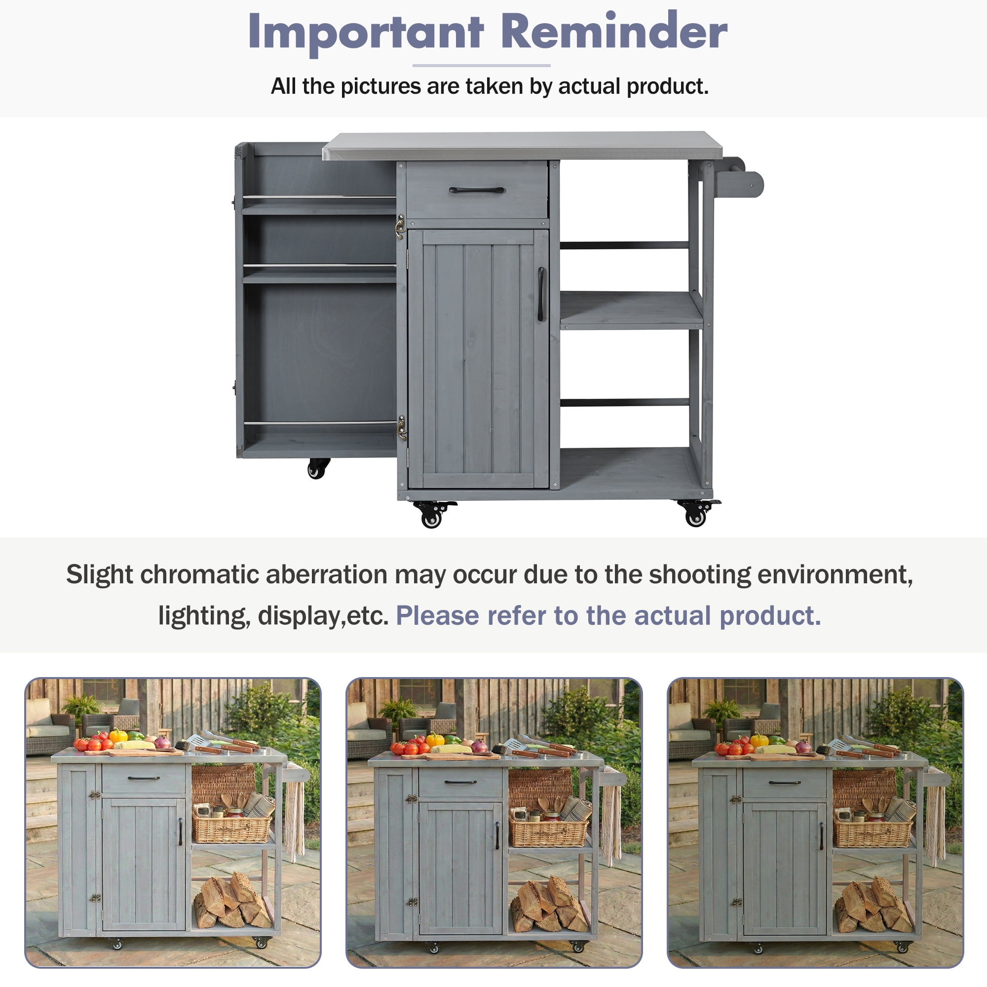 Fir Wood Kitchen Prep Station, Lockable Outdoor Cart with Stainless Steel Top for Patio, Grey