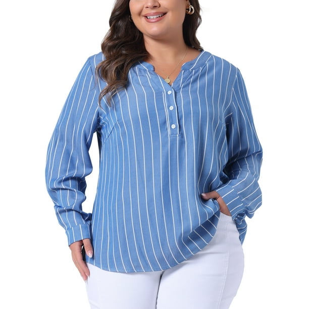 Camisas de talla grande para mujeres GRACE & GRANDEUR, blusa de manga larga con botones 4X azul