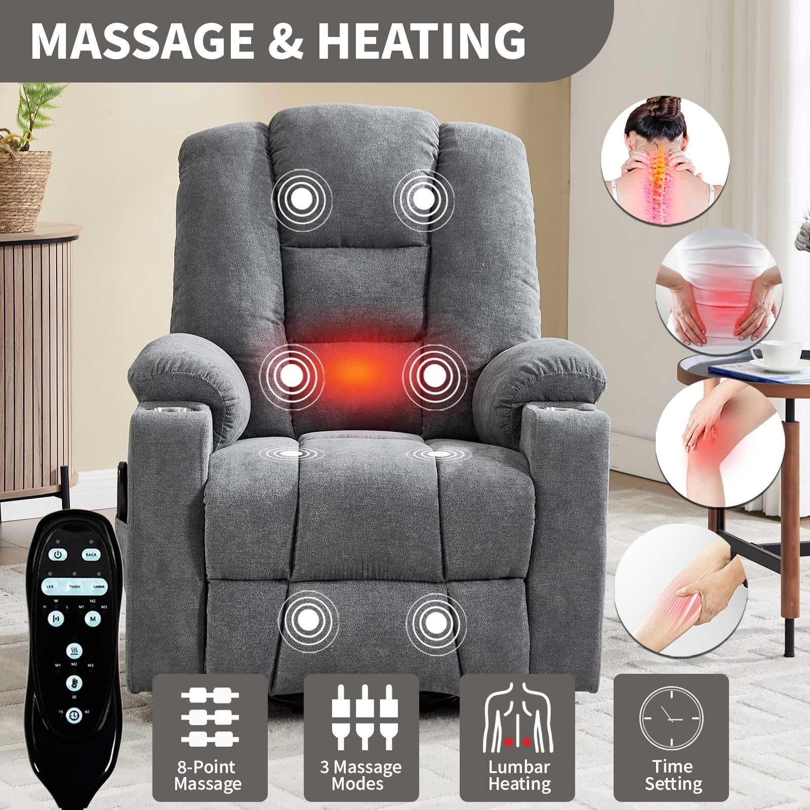 MAYEERTY Grey Chenille 350lbs Power Lift Recliner, Massage Heat USB-C 34"x39"x42" Wide Overstuffed for Elderly