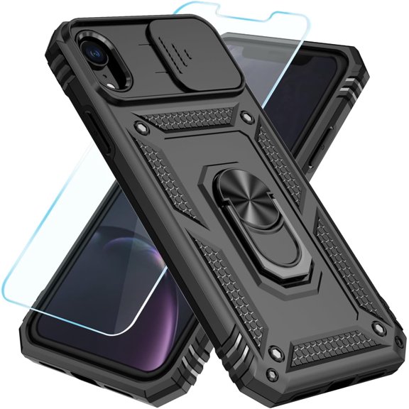 Compatible with iPhone XR Case with HD Screen Protector & Slide Camera Cover & Rotated Ring Kickstand, [Military-Grade] Phone Case for iPhone XR (Black)
