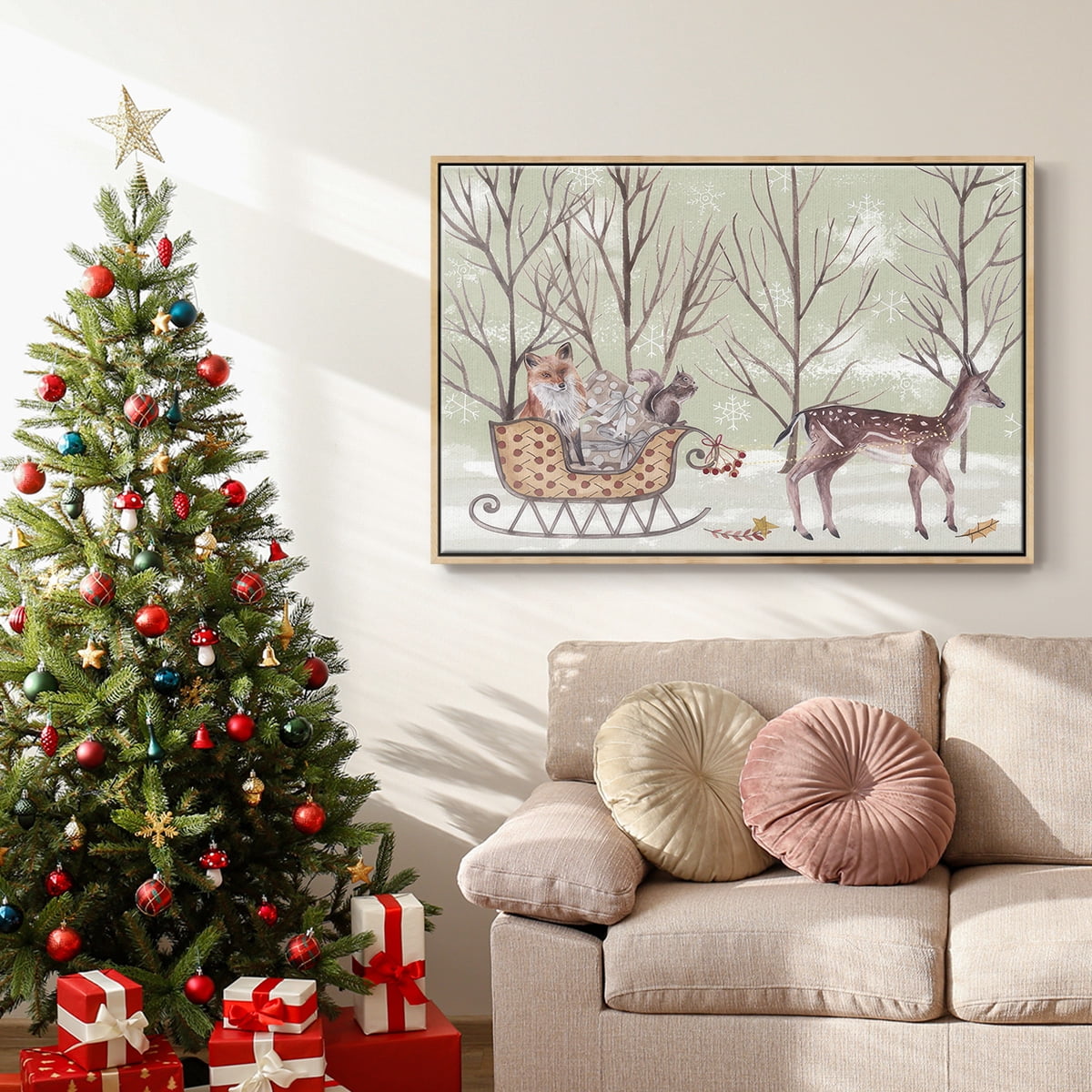 Christmas Time I - Framed Gallery Wrapped Holiday Canvas - 27 x 41 - Natural Wood Frame