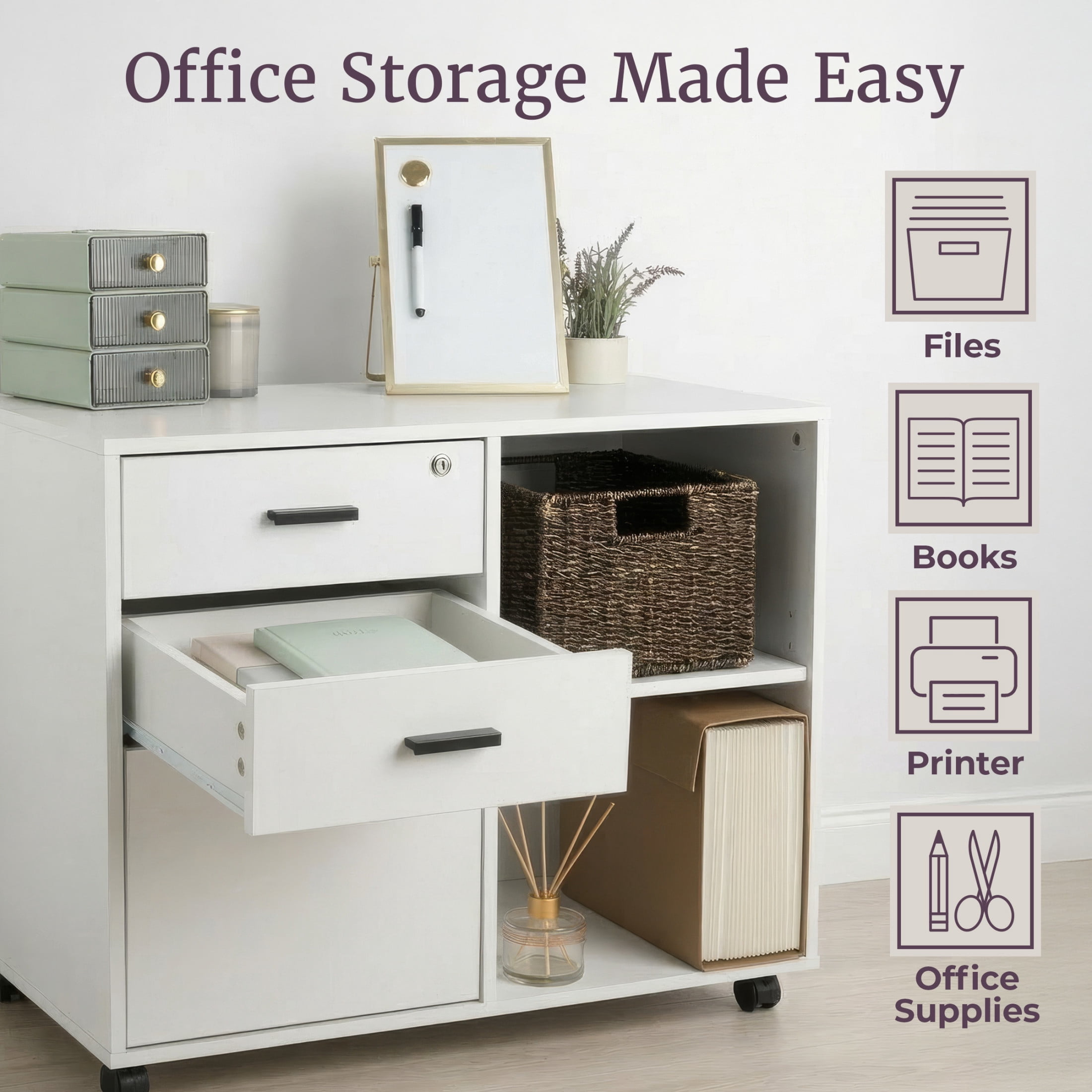 Lavish Home 3 Drawer File Cabinet with 3 Storage Drawers and Adjustable Shelf (White)
