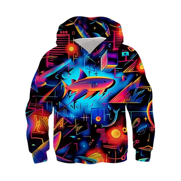 Byoo Toddler Boys' Urban Cyber Shark Graphic Hoodie Neon Cyberpunk Shark Print Pullover Top for Child Casual Sweatshirts, OTHER
