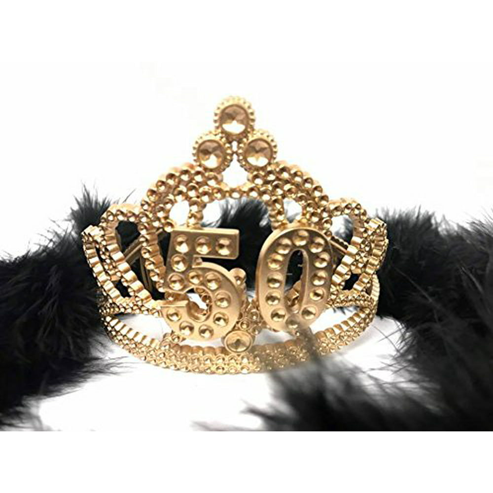 50th Birthday Princess Tiara  Gold  Crown  with Black  Feather 