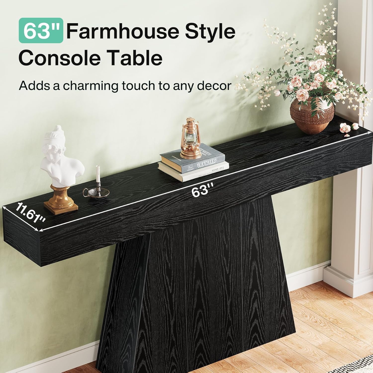 Tribesigns 63" Black Console Table, Farmhouse Entryway Table with Trapezoidal Base for Living Room