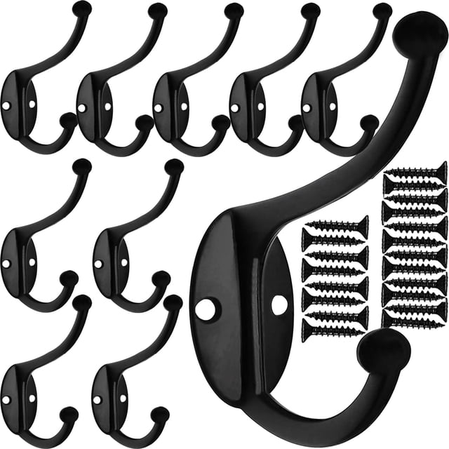 Gancho de pared, perchero, gancho para toallas para colgar ropa, gancho doble negro inoxidable para bata, soporte de pared con tornillos (10 ganchos + 20 tornillos por paquete) JAMW Sencillez