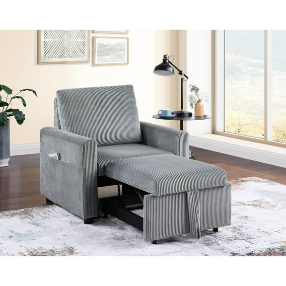 32.5"w Gray Corduroy Armchair - Pull-out Chaise & Side Pocket For A Comfortable Deck Modern With And Enhance Your Comfort