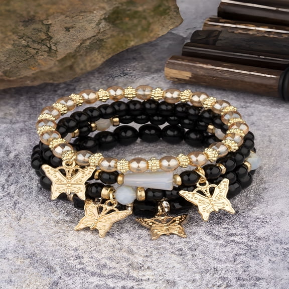 TELOLY Stackable Crystal Beaded Bracelets for Women Boho Multi Layer Stretch Bracelets Natural Stone Bead Bracelet with Butterfly Charm Jewelry for Women - Black 6.29Inch