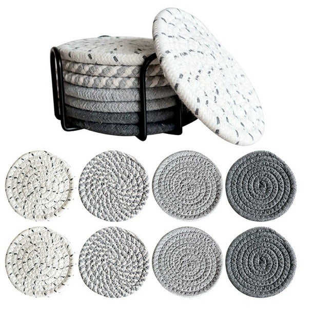 Tapetes de Estilo Bohemio Pack de 8 • Posavasos de 4,3" • Lino y algodón • Tapetes absorbentes para mesas • Incluye soporte de hierro