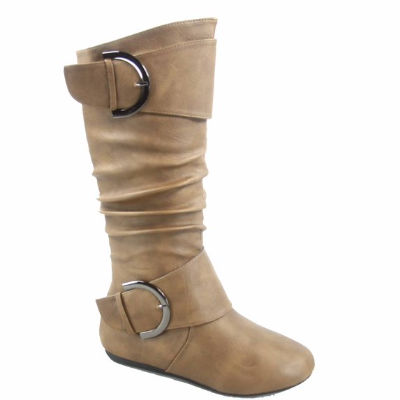 Bank-85 Women's Fashion Zipper Big Buckle Slouch Casual Flat Heel Mid Calf Round Toe Boots