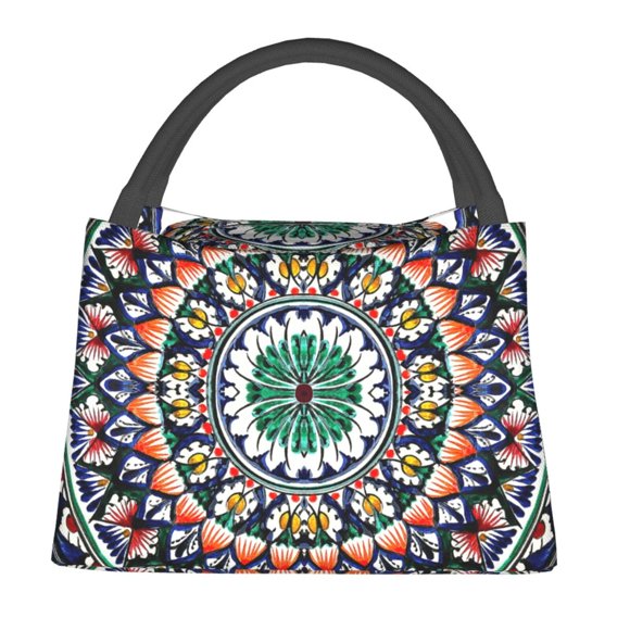 Fotbe Colorful With Blue Oriental Bolsa Térmica Portátil con Estampado, Bolsa de Entrega de Alimentos Aislada, Bolsa Reutilizable de Gran Capacidad para Comidas y Supermercado