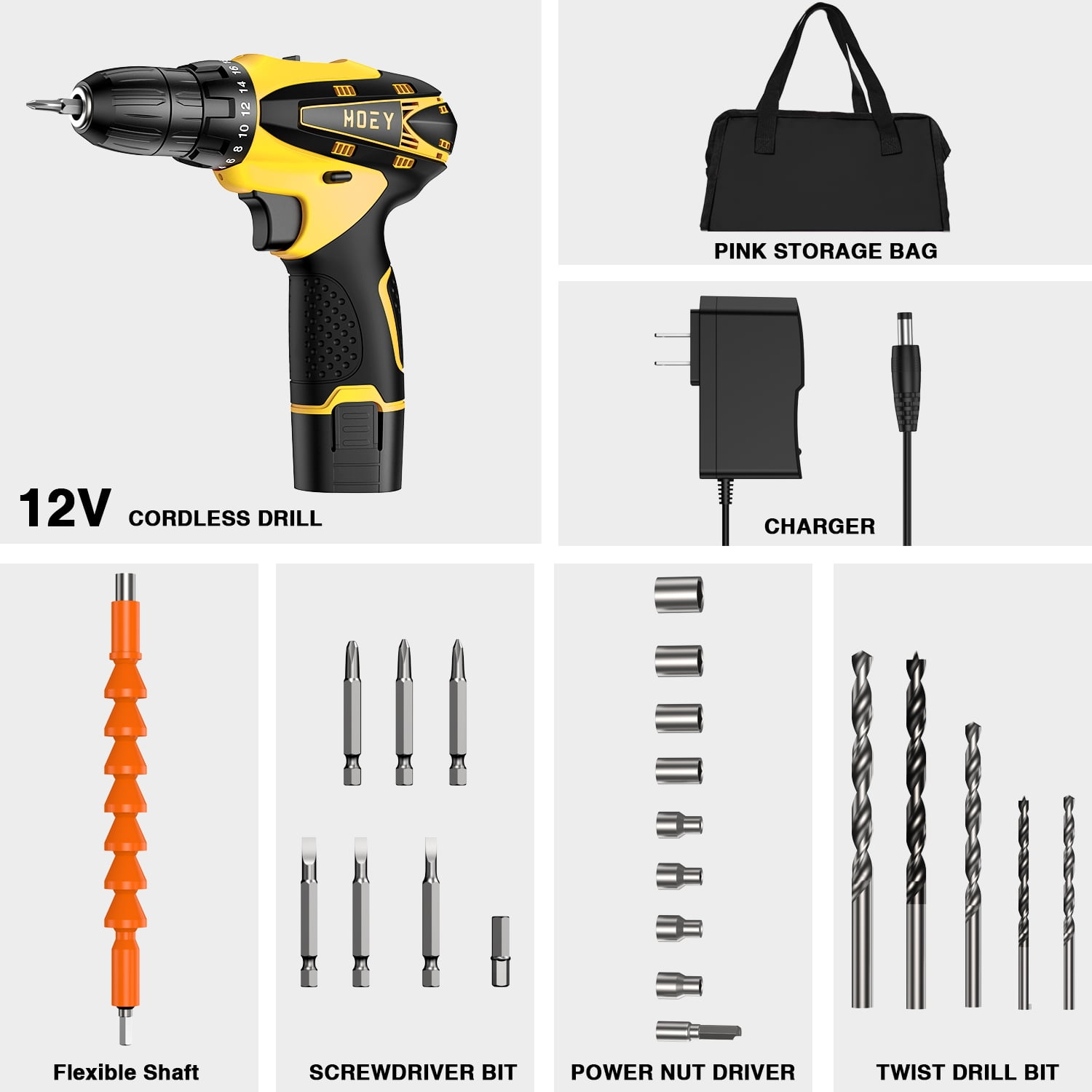 Cordless Drill Set, 12V Power Drill Set Electric Screwdriver Driver Tool Kit for Women, 3/8" Keyless Chuck 1 Battery & Charger with Storage bag