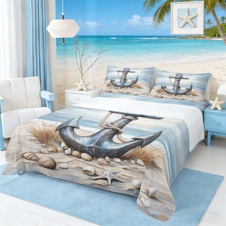 Manfei Oil Painting Anchor Beach Seashell Full Size Sheets for Kids Boys and Girls Nautical Sailing Print Bed Sheets 4pcs 1 Flat Sheet 1 Fitted Sheet and 2 Pillowcases