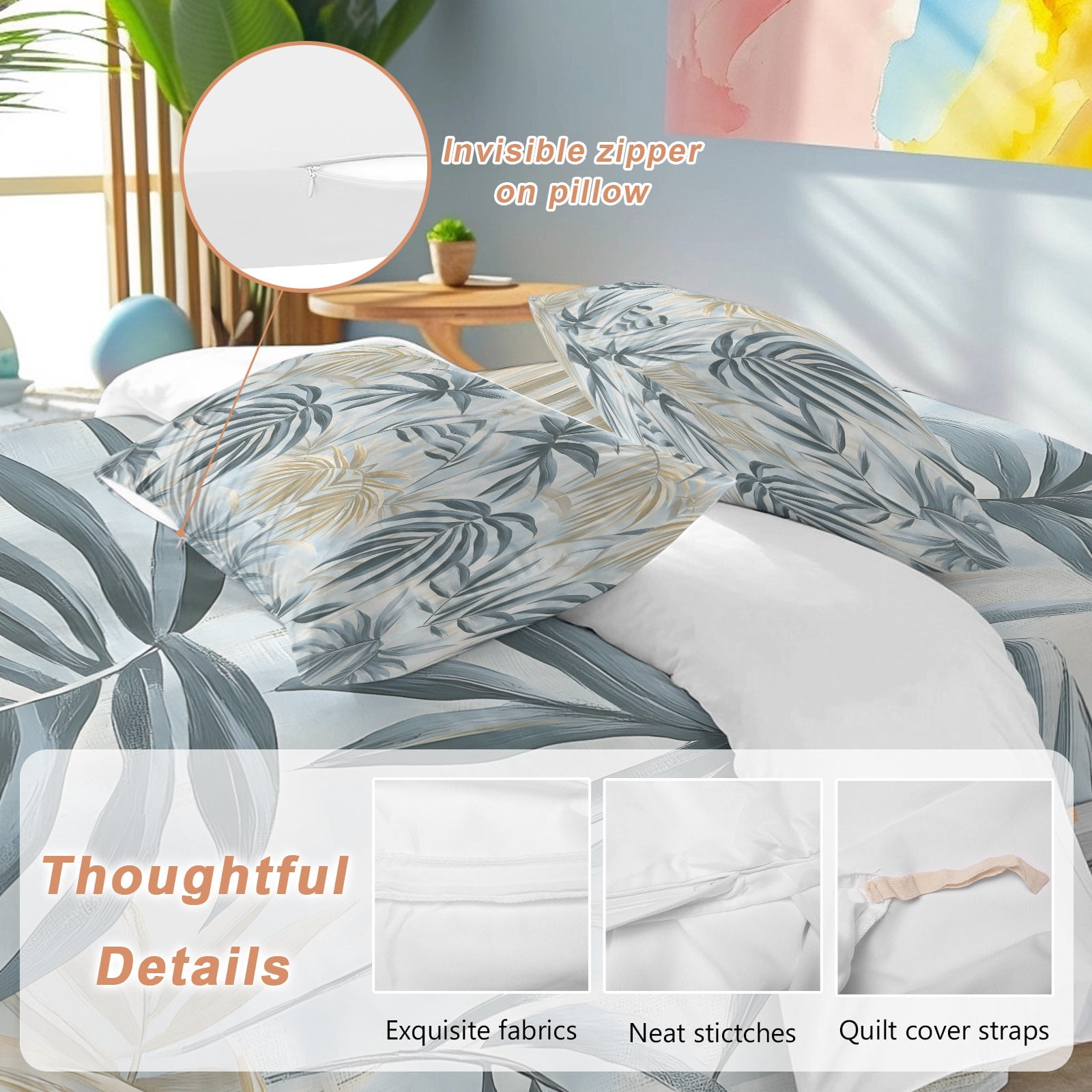 Bamboos Leaf Queen Duvet Cover Set, Green Leaves Watercolor Modernism 4 Piece Microfiber Bedding Set with Zipper Closure, Bed Sheet and 2 Pillow Shams, Soft Bedding Cover