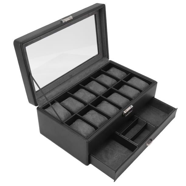 Caja Para Relojes, Tapa De Vidrio Transparente Conveniente Caja De Almacenamiento Para Relojes Doble Capa Resistente 12 Ranuras Para Gemelos Para Anillos