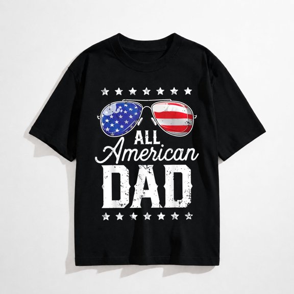 All American Dad Patriotic USA Shirts With Flag Sunglasses Graphic, Vintage Short Sleeve Crew Neck T-Shirt