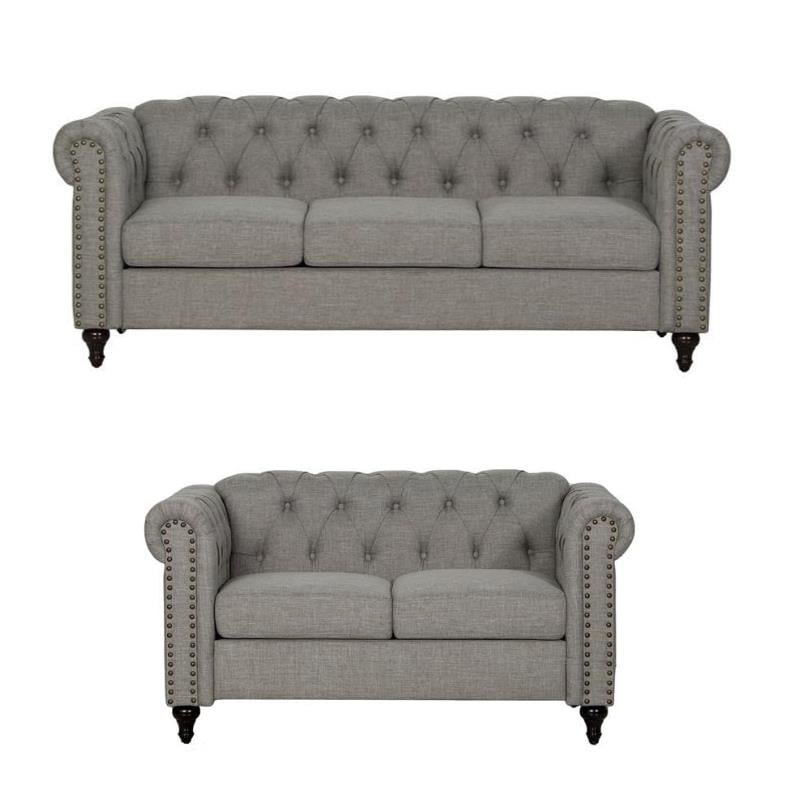2 Piece Nailhead Trim Sofa and Loveseat Set in Gray - Walmart.com